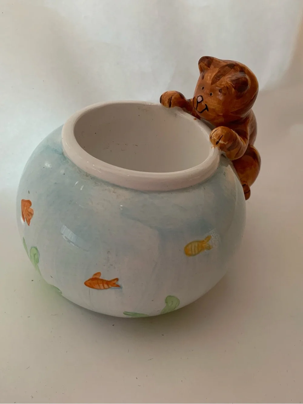 Vintage Cat Kitten Fish Bowl Tea Light Holder Figurine porcelain hand painted